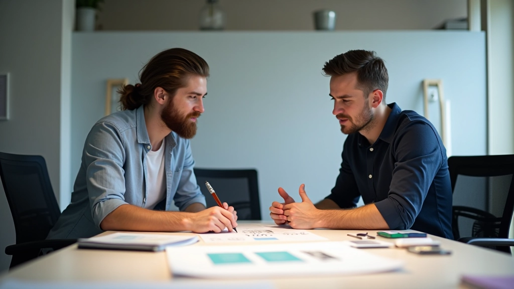 Réunion d'équipe de design discutant des systèmes d'icônes avec croquis et mockups sur table de travail