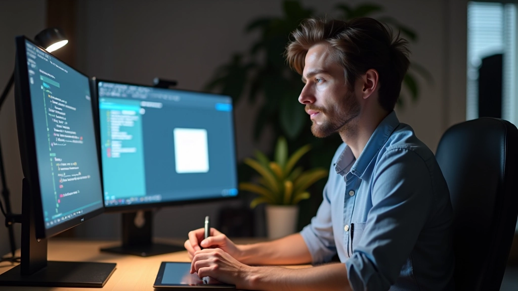 Designer travaillant sur des icônes vectorielles custom dans un studio de design moderne avec stylet graphique et écran dual